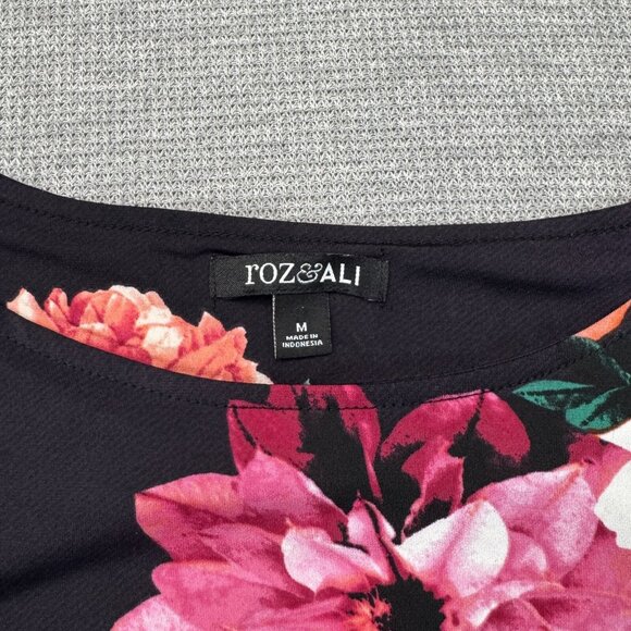 Roz & Ali Womens Black Floral Half Sleeve Dress Boat Neck Knee Length Size M - Picture 9 of 15